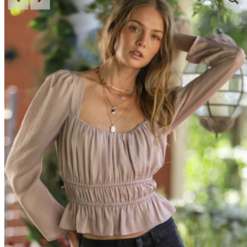 Aakaa Top Women's Small Blush Pink Puff Shoulder Long‎ Sleeve Ruched